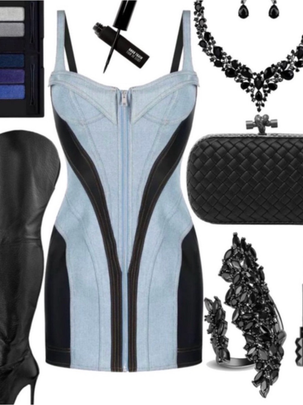 Similar Mugler Light Blue Denim Bustier Mini Dress with Black Paneling